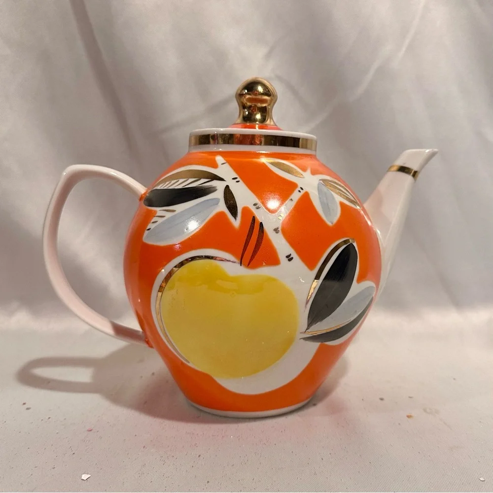 Vintage 60s Pop Atomic Orange and Yellow Porcelain Teapot Gold Trim